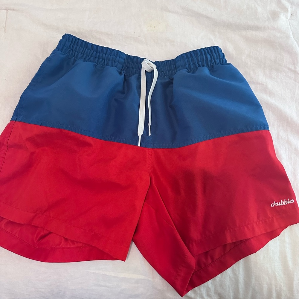 Men’s s 7” inseam swim trunks (turn into American flag when wet)